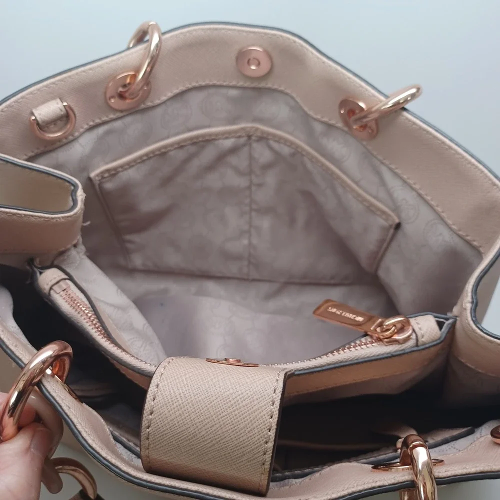 Michael Kors Cynthia Tote Neutral Tan Saffiano Leather Hand Painted Floral Bag